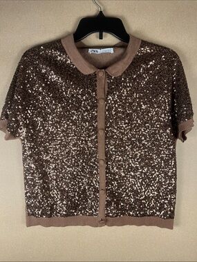 Zara Sequin Polo Cardigan Short Sleeve Bronze Mocha M Party Glam Quiet Luxury